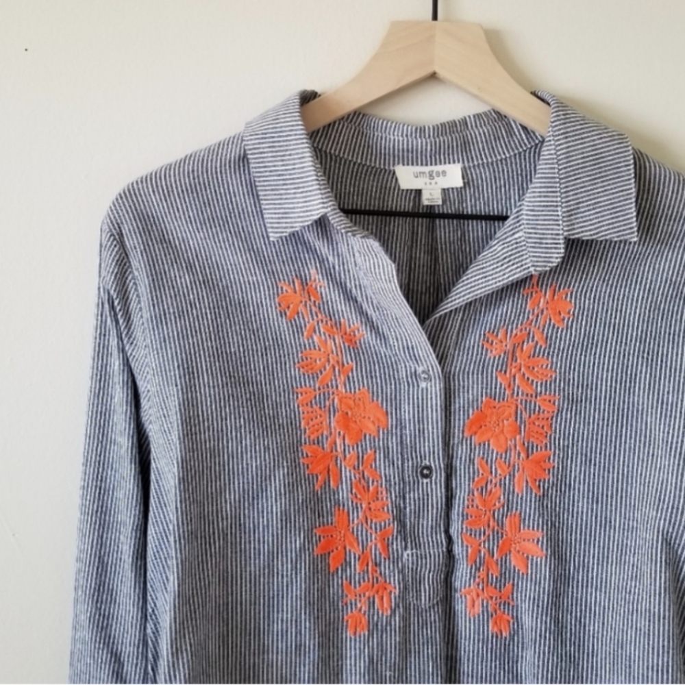 Umgee Striped Raw Hem Button Down
